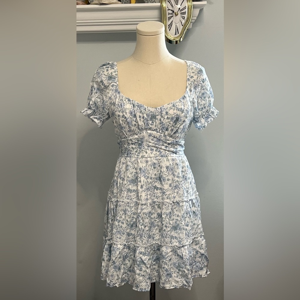 Trixxi Juniors' Floral-Print Puff-Sleeve Fit & Flare Dress Size M White Blue